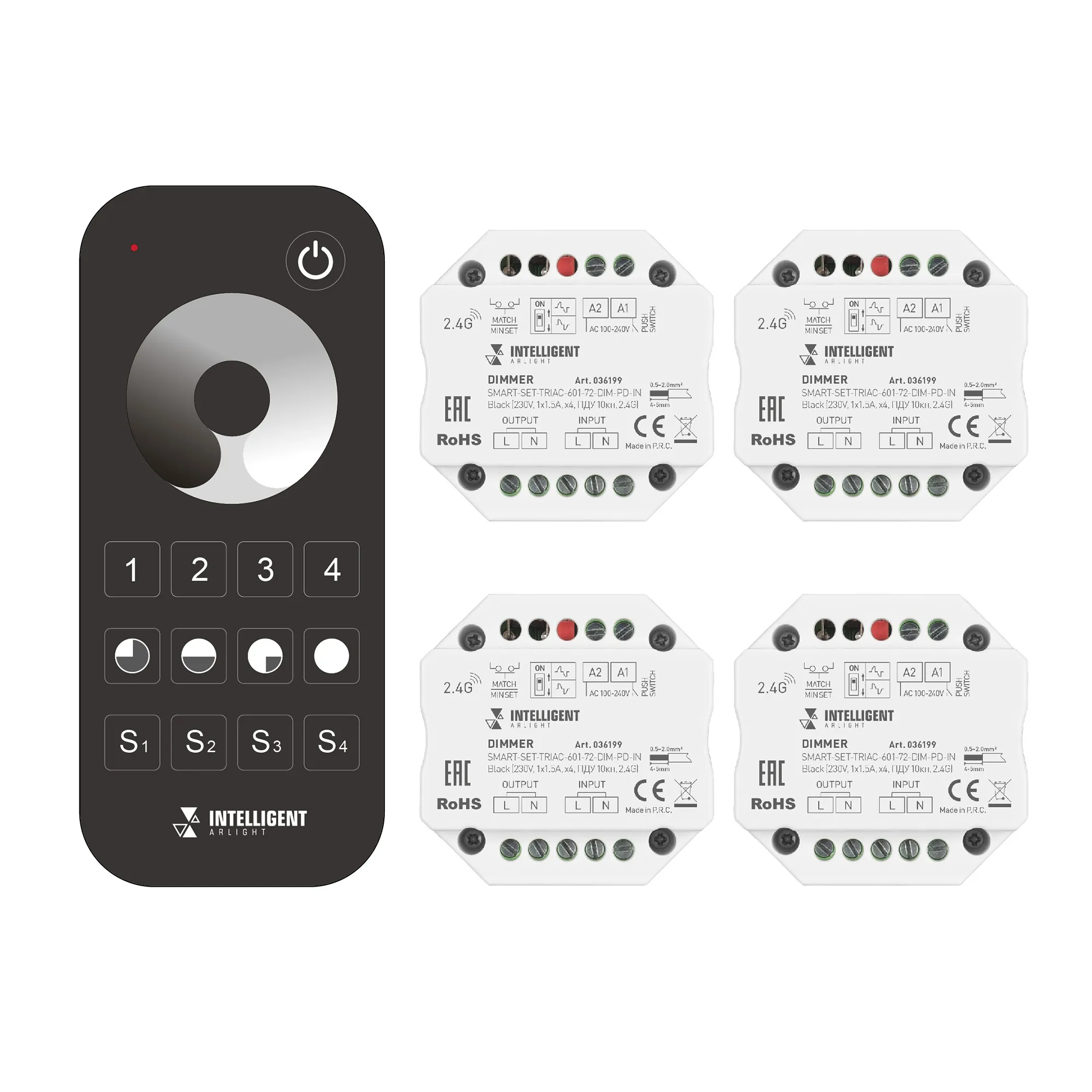 INTELLIGENT ARLIGHT Диммер SMART-SET-TRIAC-601-72-DIM-PD-IN Black (230V, 1x1.5A, x4, ПДУ 10кн, 2.4G) (IARL, IP20 Пластик, 5 лет) - изображение товара